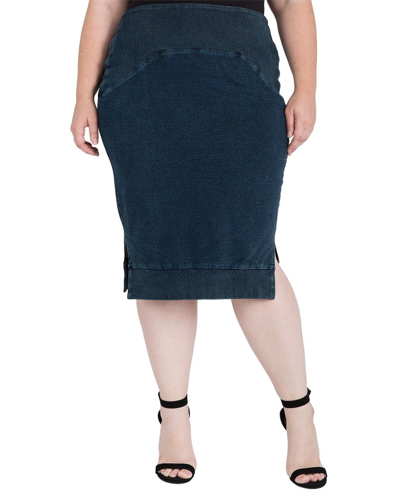 Front of a model wearing a size 1X Elsa Knit Pencil Skirt in 2243 Eclipse by Standards & Practices. | dia_product_style_image_id:275692